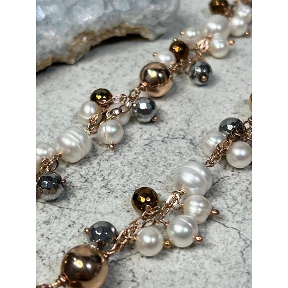 Honora Bronze Italy Pearl Chain Necklace bead grey   Gold tone - Picture 5 of 10